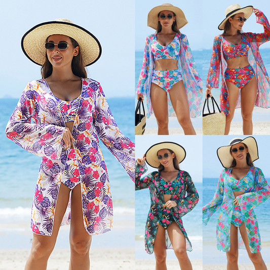 🏖️🌼 Mulheres moda multicor impresso bikini banheiro 3 peça conjunto