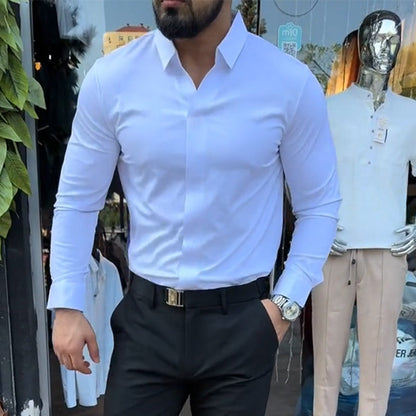 👔Camisa casual de color sólido de corte ajustado para hombre